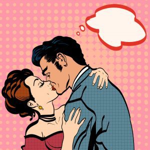Lovers kissing man kisses woman romantic hug retro style pop art